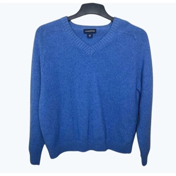 Mens Lands End Blue Wool & Cashmere V-Neck Sweater L 42-44 Long Sleeve - Picture 3 of 10